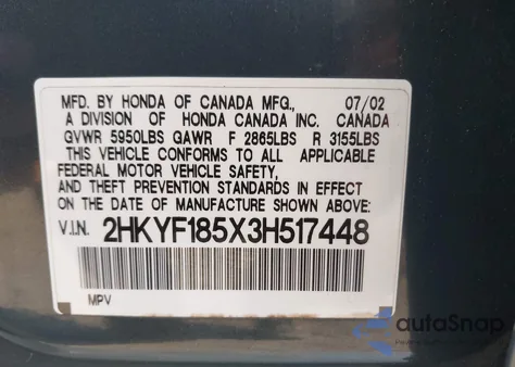2003 Honda Pilot Ex-L z USA, uszkodzony, nr VIN 2HKYF185X3H517448